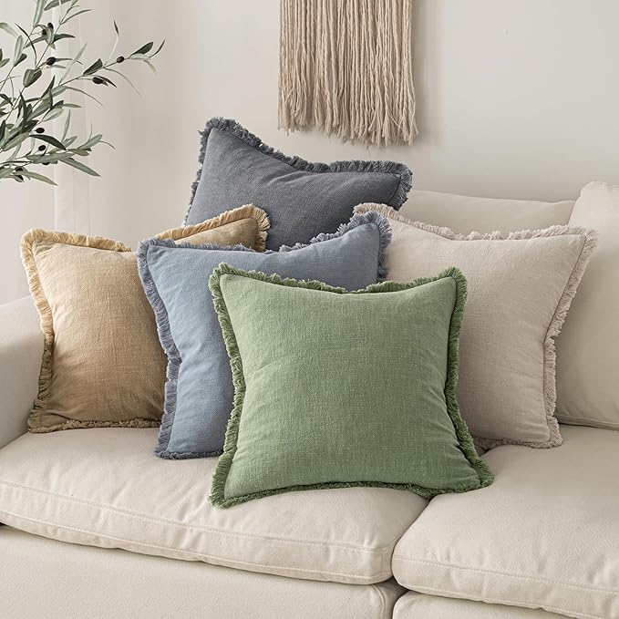 MIULEE Decorative Throw Pillow Covers Neutral Linen Fringe Throw Pillows Euro Shams Set of 2 Sage Green Boho Farmhouse Cushion Covers for Couch Sofa Bed Living Room Spring Home Decor 26x26 Inch