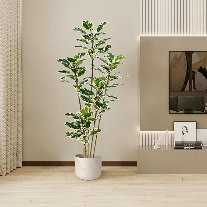 Artificial Rubber Plant 6FT Faux Plants Indoor Fake Rubber Tree with White Planter, Tall Fake Plants Potted Tree Floor Plant in Pot, Artificial Trees for Home Office Room Outdoor Decor