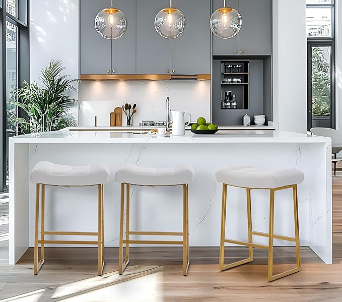 White & Gold Counter Height Bar Stools Set of 2 for Kitchen Counter Modern Backless Barstools with Upholstered Faux Leather Seat and Metal Frame Industrial 24 inch Bar Chairs