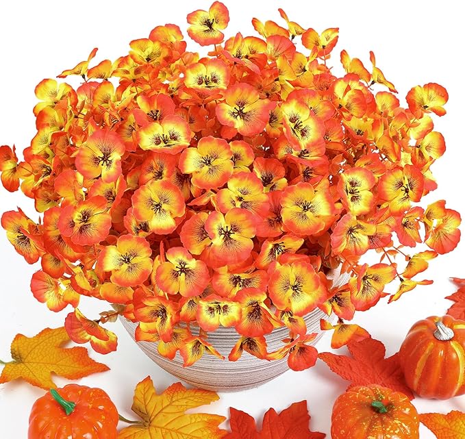 20 Bundles Artificial Fall Flowers for Outdoors, Faux Pansy Fake Mums Flowers Plants Outdoor Fall Decor, UV Resistant No Fade Silk Flower for Planter Porch Patio Window Decor, Autumn Orange