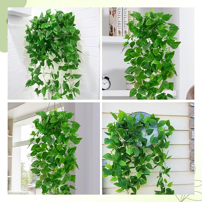 BLEUM CADE 1Pcs Fake Hanging Plants, 9 Branch Artificial Hanging Plant, Lush Faux Pothos Vines for Home Room Wall Shelf Porch Outdoor Indoor Decor (No Baskets)