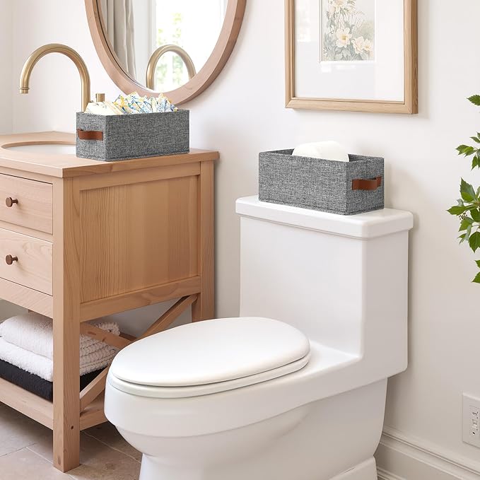 GRANNY SAYS Small Fabric Storage Bins with PU Handles, Storage Baskets for Shelves, Perfume Storage, Narrow Baskets for Organizing DVD, Photos, Aromatherapy, Scarf, Diaper, Cd, 3-Pack, Gray