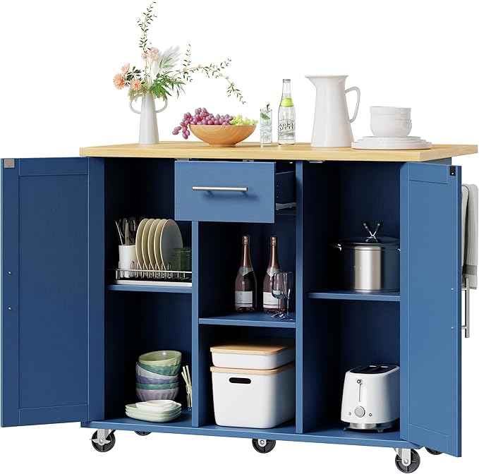 Shintenchi Kitchen Island with Storage, Bar Cart Cabinet Island Table on Wheels, Rolling Microwave Cart for Kitchen with Drop Leaf, Drawers, Towel Rack, Seating Area for Dining Room, Blue