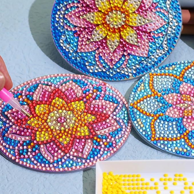 8 PCS Lotus Diamond Art Coasters Kits, Diamond Painting Coasters with Holder Set of 8, DIY Drink Coasters Art Crafts Supplies for Adults Cup Mat for Home Decor House Warming Gifts Non-Slip 3.9inch