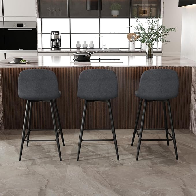 Modern Bar Stools Set of 2,Grey Techno-Fabric Counter Height Bar Stools,24.6" Bar Chairs with Back Metal Footrest,Modern Counter Stool with Back and Footrest for Kitchen Island Restaurants Pubs