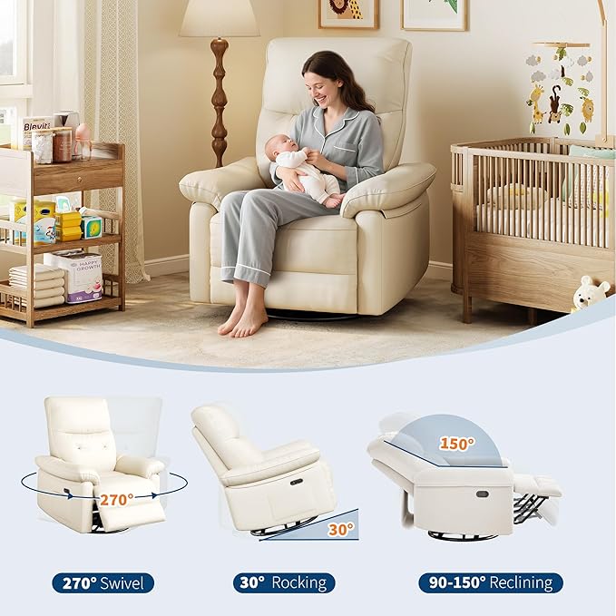 GarveeHome Recliner Chair, 360° Swivel Rocker Glider Nursery Chair with Padded Armrest and Deep Seat, PU Leather Upholstered Reclining Sofa Chair for Living Room, Bedroom and Nursery (Cream)
