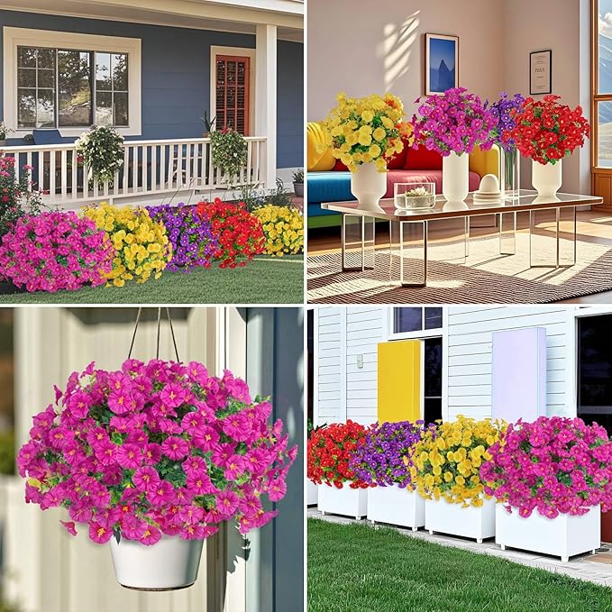 Ouddy Decor 24 Bundles Artificial Flowers for Outdoors Decoration Fake Silk Morning Glory Flowers Faux Eucalyptus Plants UV Resistant for Porch Patio Garden Spring Summer Home Decor, Multicolor