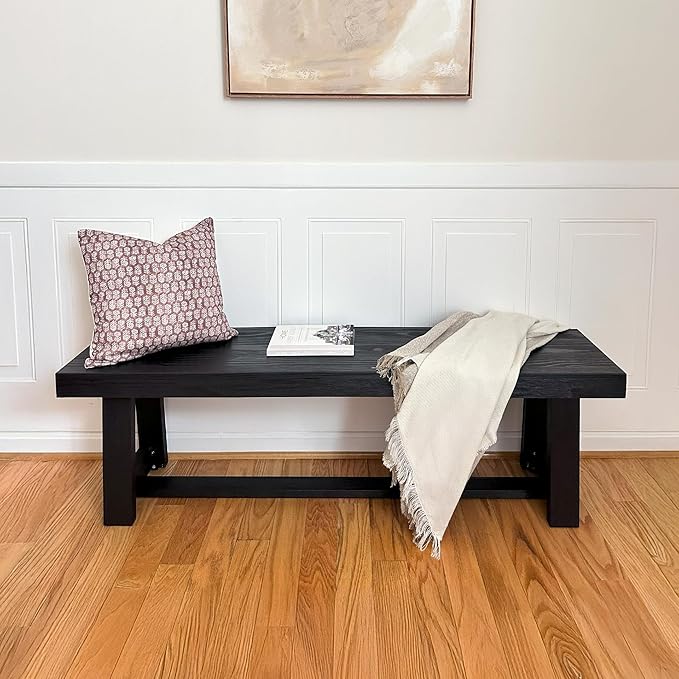 Plank+Beam 60 Inch Farmhouse Dining Bench, Solid Wood Entryway Bench, Wooden Outdoor Bench, Kitchen Dining Seat, Dining Room, Home Office, Living Room Furniture, Easy Assembly, Black Wirebrush