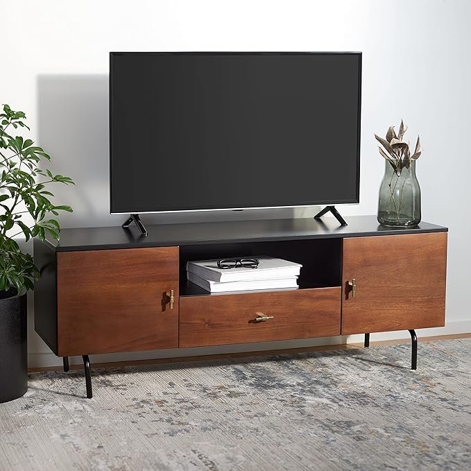 SAFAVIEH Genevieve TV Stand for up to 65" Flatscreen – Black & Walnut Brown Finish, Mid-Century Modern Storage Cabinet, Entertainment Media Console (MED5000F)