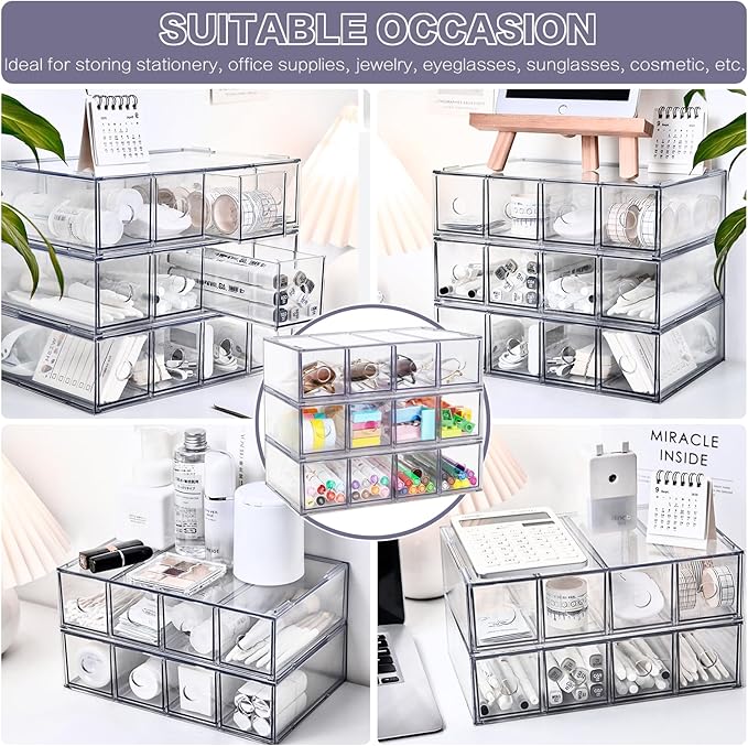 Desk Organizer with 12 Drawers, FODIENS 3 Packs Stackable Desktop Storage Box with Removable Drawer, Clear Sunglasses Organizer Display Case for Stationery Marker Pens Eyeglasses Office Supply