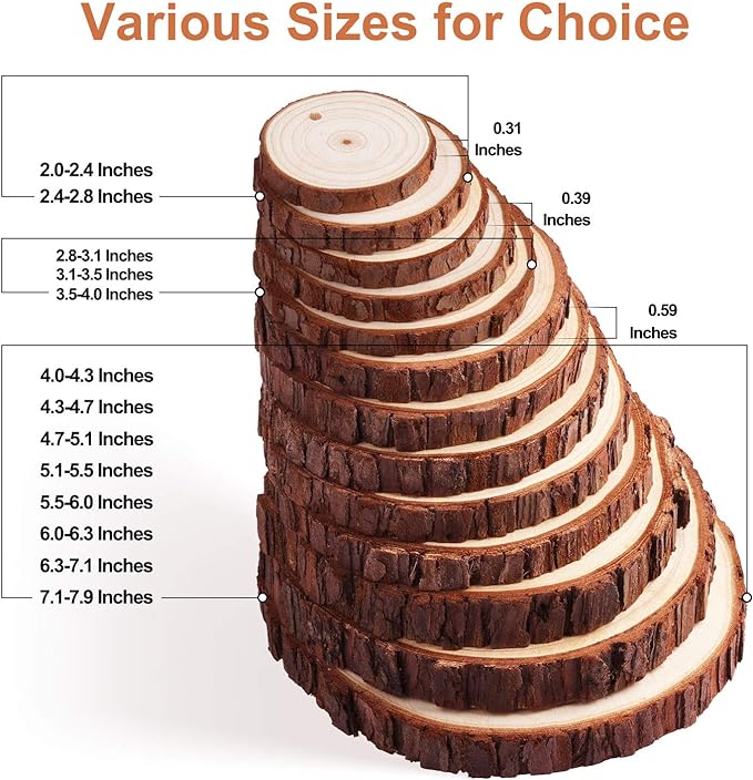 Fuyit Natural Wood Slices, 30 Pcs 3.5-4 Inch Unfinished Predrilled Wooden Circles Tree Slice with Hole & Barks for DIY Arts Craft Christmas Ornaments