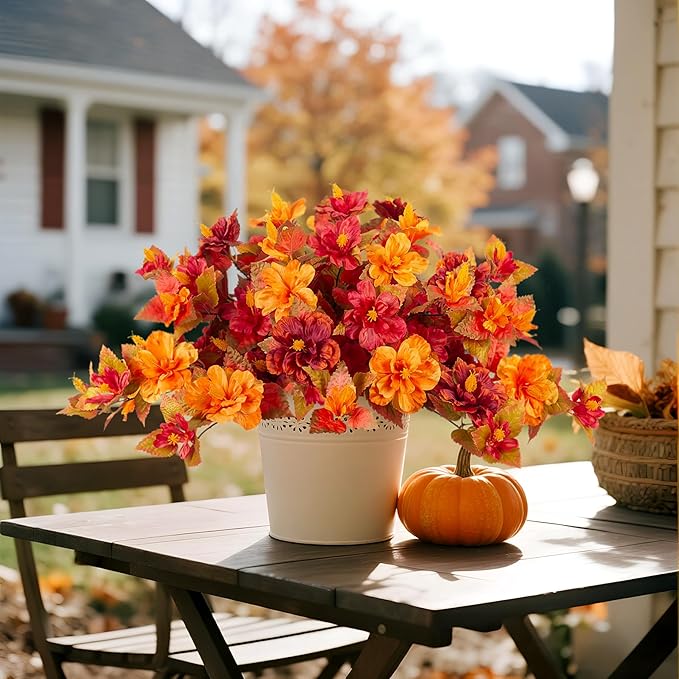 Fake Fall Flowers Artificial for Outdoors Decoration 2PCS Faux Orange Flowers for Outdoor Planters Outside Hibiscus Flower Fall Décor for Home Front Porch Yard Patio