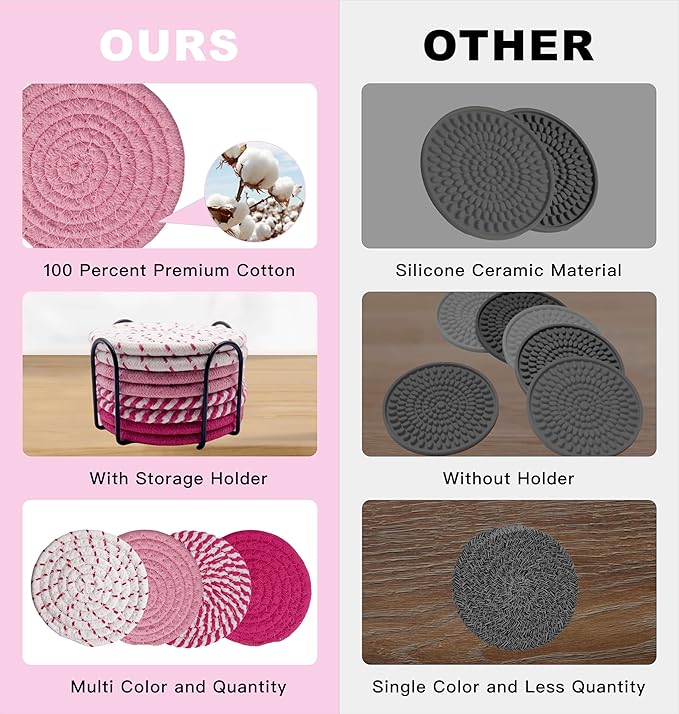 8 Pack Pink Coasters for Desk, Cute Coasters, House Essentials for New HomeCoasters for Coffee Table, Coasters for Drinks Absorbent, Coaster Set 4 - Color Cup Coasters