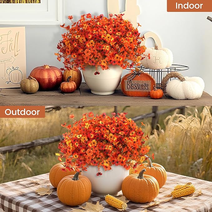 Artificial Fall Flowers for Decoration Fake Flowers Outdoor Artificial Plants, 12 Bundles Faux Mums Autumn Plastic Flower UV Resistant for Porch Patio Home Yard Garden Window Box Pot Planters