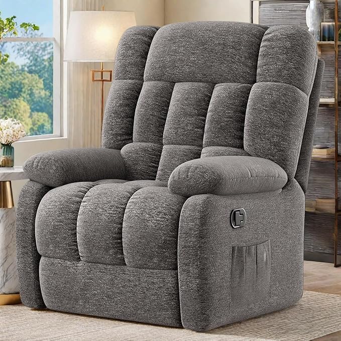 Oversized Recliner Chair, Adjustable Recliner with Side Pockets, Living Room Reclining Lounge Chair for Adults, Small Spaces Comfy Sofa with Theater Seating for Bedroom, Gray