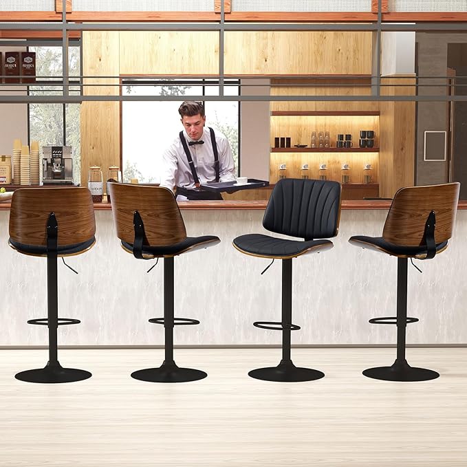 ECOTOUGE Swivel Bar Stools Set of 1, Adjustable Bentwood Barstools, Modern Bar Height Chairs with Back and Footrest for Bar, Kitchen Island, Counter, Dining Room(Black)