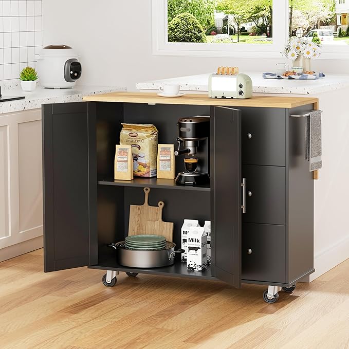 Shintenchi Kitchen Island with Folding Drop Leaf, Rolling Island Table with Storage, Kitchen Cabinet on Wheels with Seating Area for Kitchen, Bar Cart with Cabinet, Black
