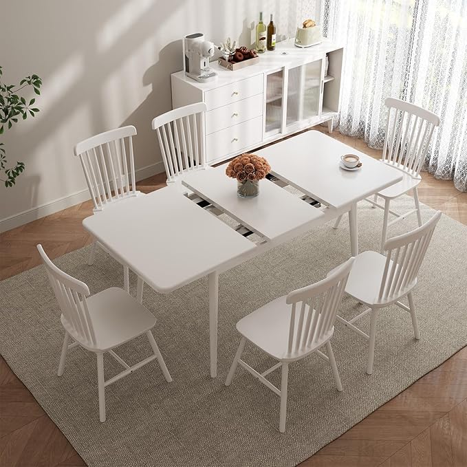 Solid Wood Extendable Dining Table for 4-8 People with Seamless Extension from 47.2 to 63 Inches, Easy Assembly, Expandable Tables for Small Spaces, Dining Room, Kitchen, Living Room, White