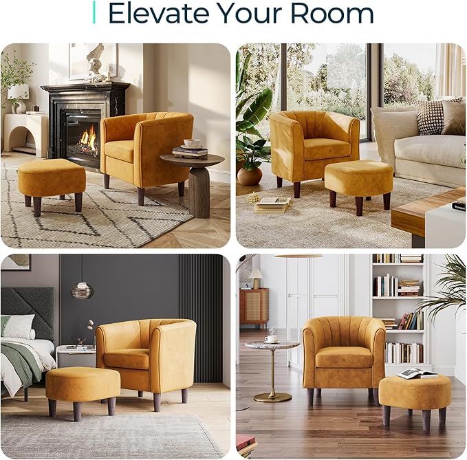 LINSY Accent Chair with Ottoman, Modern Barrel Chair Small Armchair Reading Chair with Footrest, Comfy Round Arms Chair for Living Room Bedroom Reading Room, Velvet, Yellow