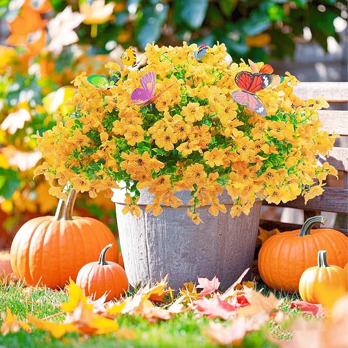 20 Bundles Artificial Flowers for Outdoors with 6 Faux Butterflies, UV Resistant Fake Flowers with Eucalyptus Leaves, Artificial Plants Outdoor for Patio Garden Porch Home Decor (Yellow)