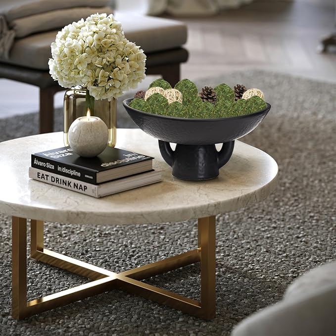 NAHARO Elegant Black Ceramic Bowl with Moss Ball Set-10 Decorative Bowl with 16pc Decorative Balls for Farmhouse Table Centerpiece, Living Room or Home Decor