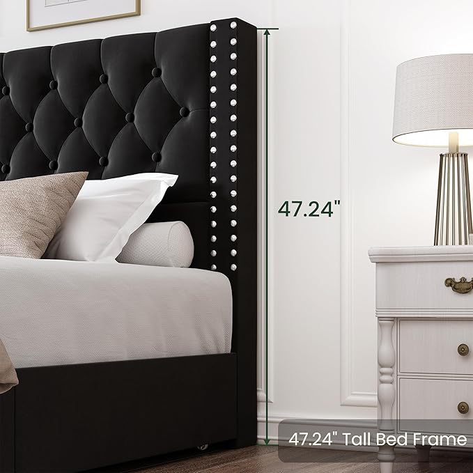 LARMACE King Size Bed Frame with 4 Storage Drawers and Tufted Headboard Linen Upholstered Platform Bed Frame with Heavy Duty Wood Slats, No Box Spring Needed, Easy Assembly,Black