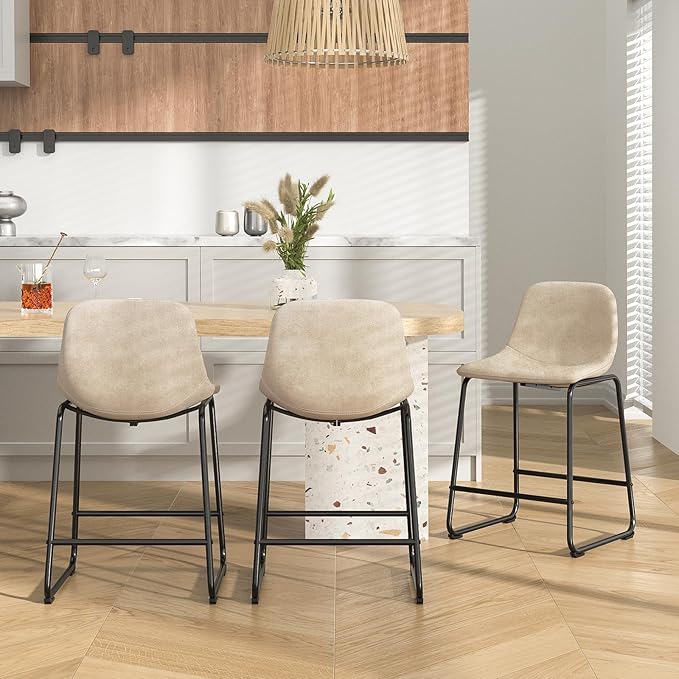 Rfiver Pu Faux Leather Bar Stools Set of 3, Industrial Pub Barstools with Back and Footrest, Modern Armless Bar Height Stool Chairs (Beige, 24" Counter Chair x3)
