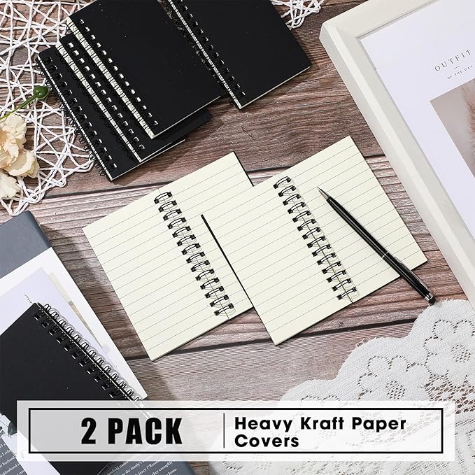 Jutom 2 Pcs Small Spiral Notebooks Memo Pads 3x5 Bulk Small Pocket Notebooks Mini Notepads with Lined Pages Mini Journals for Office Back to School Work Writing Supplies, 120 Pages (Black)