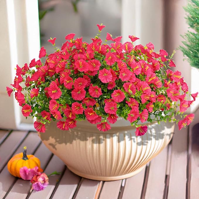 16 Bundles Artificial Flowers Outdoor Spring Summer Decoration Fake Silk Colorful Daisy Eucalyptus Realistic UV Outside Faux Plants for Garden Porch Window Box Home Decor Morning Glory Rose Red
