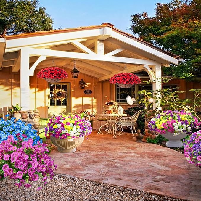 Artificial Outdoor Flowers 16 Bundles Fake Morning Glory Flower Outdoor UV Resistant Plastic Faux Flowers Plants for Decoration Indoor Outdoor Hanging Window Box Planter Home Porch Decor (Fuchsia)