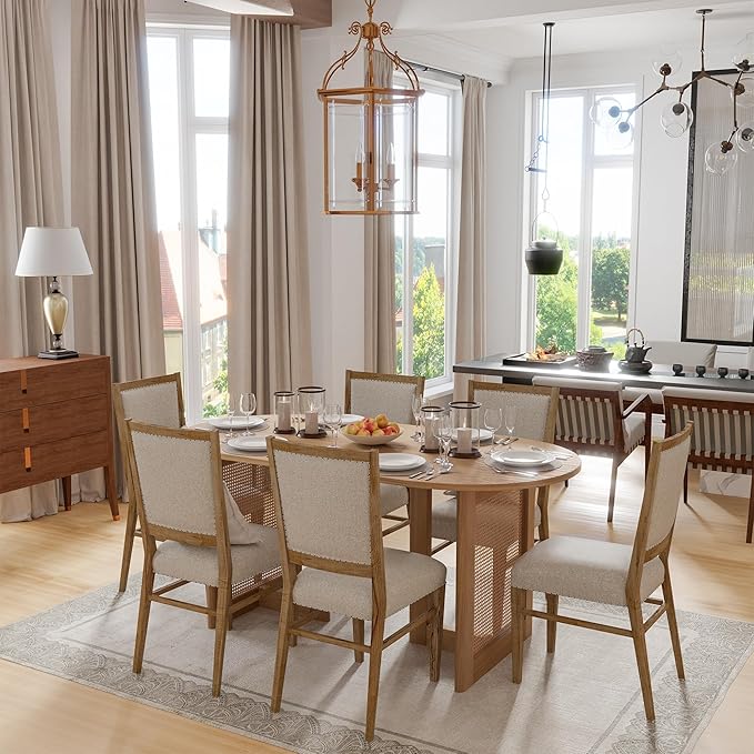 Casaphoria 67" Dining Table for 6, Wood Kitchen Table with Scratch-Resistant Top & Rattan Base, Modern Farmhouse Oval Dining Table for Living Room, Kitchen, Easy Assembly, Oak (Chairs not Included)