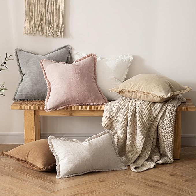 MIULEE Decorative Throw Pillow Covers Neutral Linen Fringe Throw Pillows Set of 2 Light Pink Boho Farmhouse Cushion Covers for Couch Sofa Bed Living Room Spring Home Decor 18x18 Inch