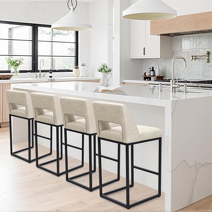 Counter Height Bar Stools Set of 3 for Kitchen Counter Modern Bar Chairs with Backs for Kitchen Island with Upholstered Faux Leather Seat and Metal Frame, Beige, 26 Inch