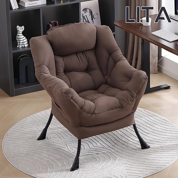 LITA Lazy Chair with Ottoman, Modern Accent Leisure Upholstered Sofa, Contemporary Lounge Reading Chair with Armrests and a Side Pocket for Living Room, Bedroom & Small Space, Single Dark Brown