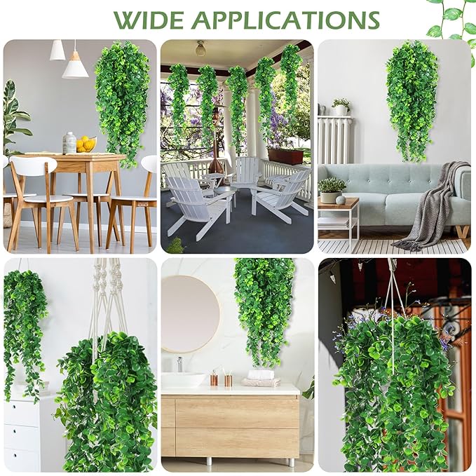 Hoteam 24 Pcs Artificial Hanging Plants 32 Inch Fake Ivy Vines with Fake Leaves Patio Artificial Plants Greenery for Living Room Indoor Outdoor Wall, No Basket (Eucalyptus)