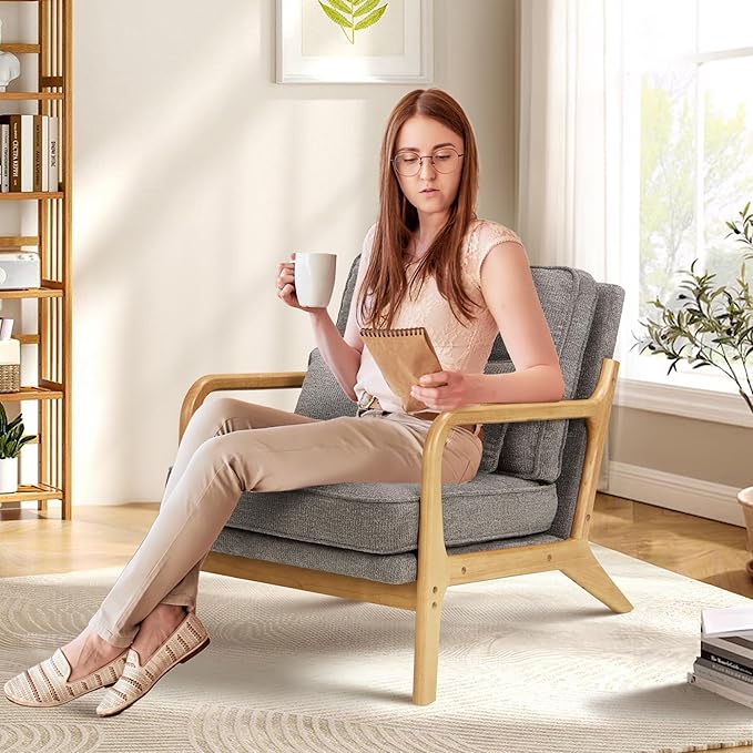 Modern Accent Chair with Lumbar Pillow, Relaxing Mid Century Chair Armchair with Solid Wood Frame & Soft Cushion, Reading Leisure Armchair for Living Room, Grey