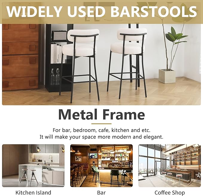 DYHOME Bar Stools Set of 3, White 28" Counter Height Bar Stools with Curved Back, Boucle Barstools with Metal Leg, Mid-Century Modern Bar Chairs for Kitchen Island, Dining Room