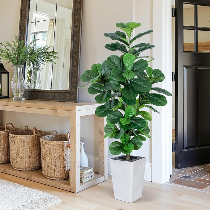 Fiddle Leaf Fig Tree, 5ft Tall Fake Silk Tree in White Planter, Faux Floor Plants with 108 Fiddle Leaves, Artificial Plants for Home Office Decor Indoor