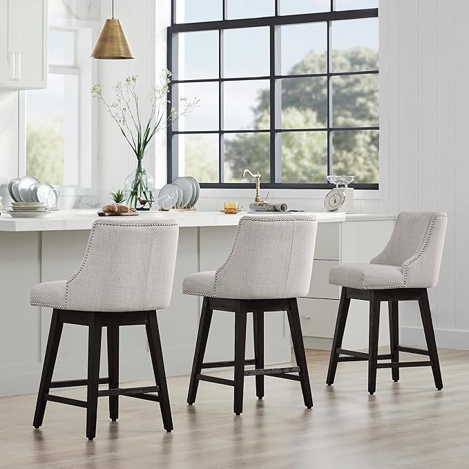 CHITA Counter Height Swivel Bar Stools Set of 3, FSC Certified Upholstered Counter Stools, Modern Swivel Barstools with Wood Legs for Kitchen Island, 26" Seat Height, Fabric in Ivory