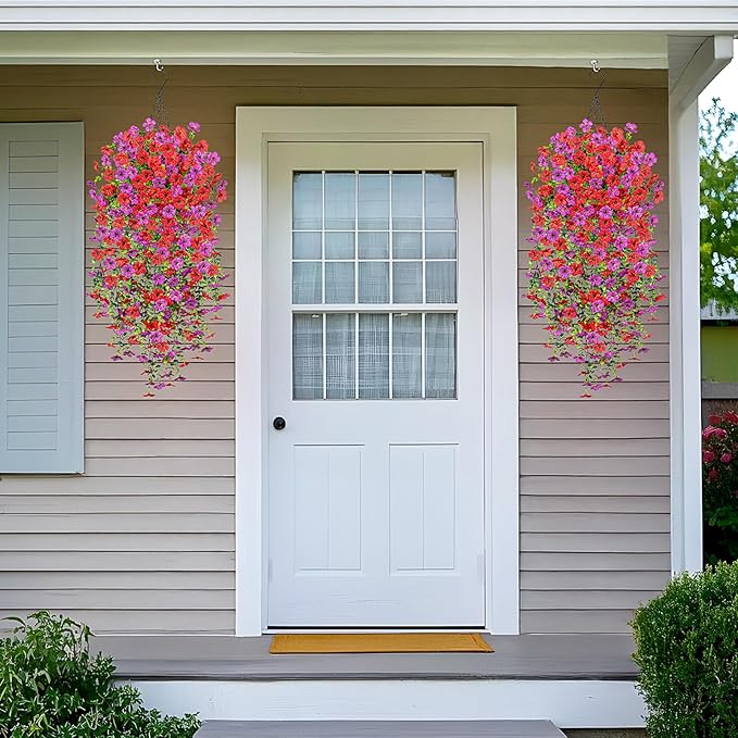 Artificial Fake Hanging Plants Flowers for Spring Outdoor Outside Decor, Faux Mums Silk Realistic Flower, 2 Pcs UV Resistant Look Real Plastic Decorations for Porch Home Patio Balcony Yard