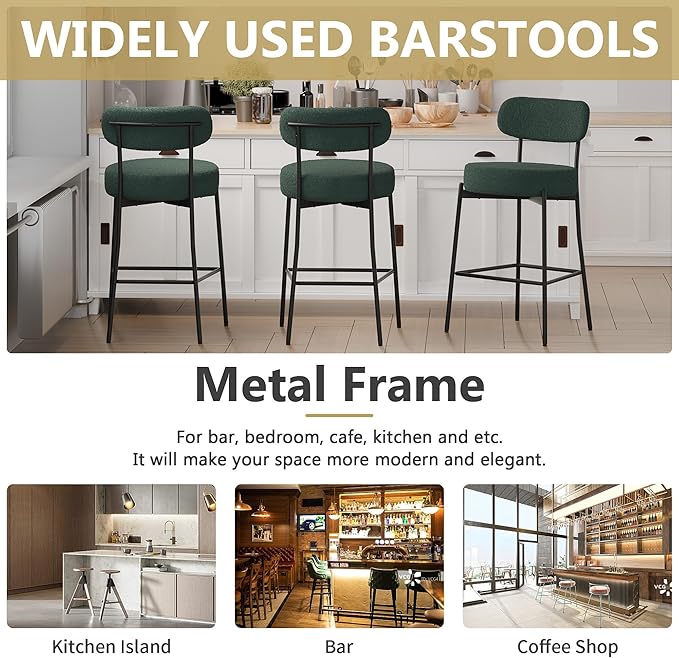 DYHOME Bar Stools Set of 3, Green 27.56 Inches Counter Height Kitchen Island Stools,Boucle Barstools with Back, Mid-Century Modern Bar Chairs for Kitchen Island, Dining Room