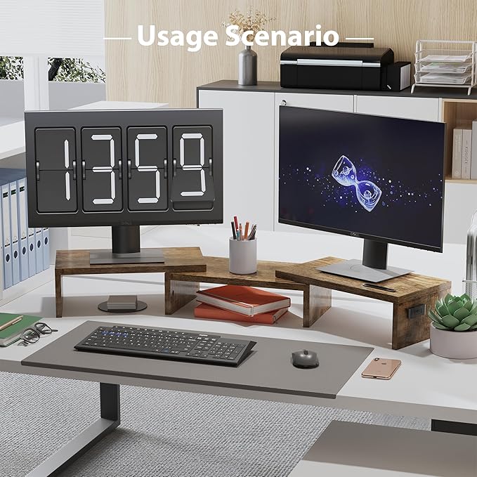 BONTEC Dual Monitor Stand for Desk, Adjustable Length and Angle Monitor Stand Riser with Smartphone Holder, Desk Shelf for Top of Desk, Computer Monitor Stand with Storage, Office Desk Organizer, Rustic Brown