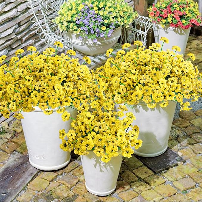 Krissing 48 Bundles Outdoor Artificial Flowers UV Resistant Fake Silk Flowers Faux Plastic Plants Outside Garden Porch Window Box Summer Decoration (Yellow)