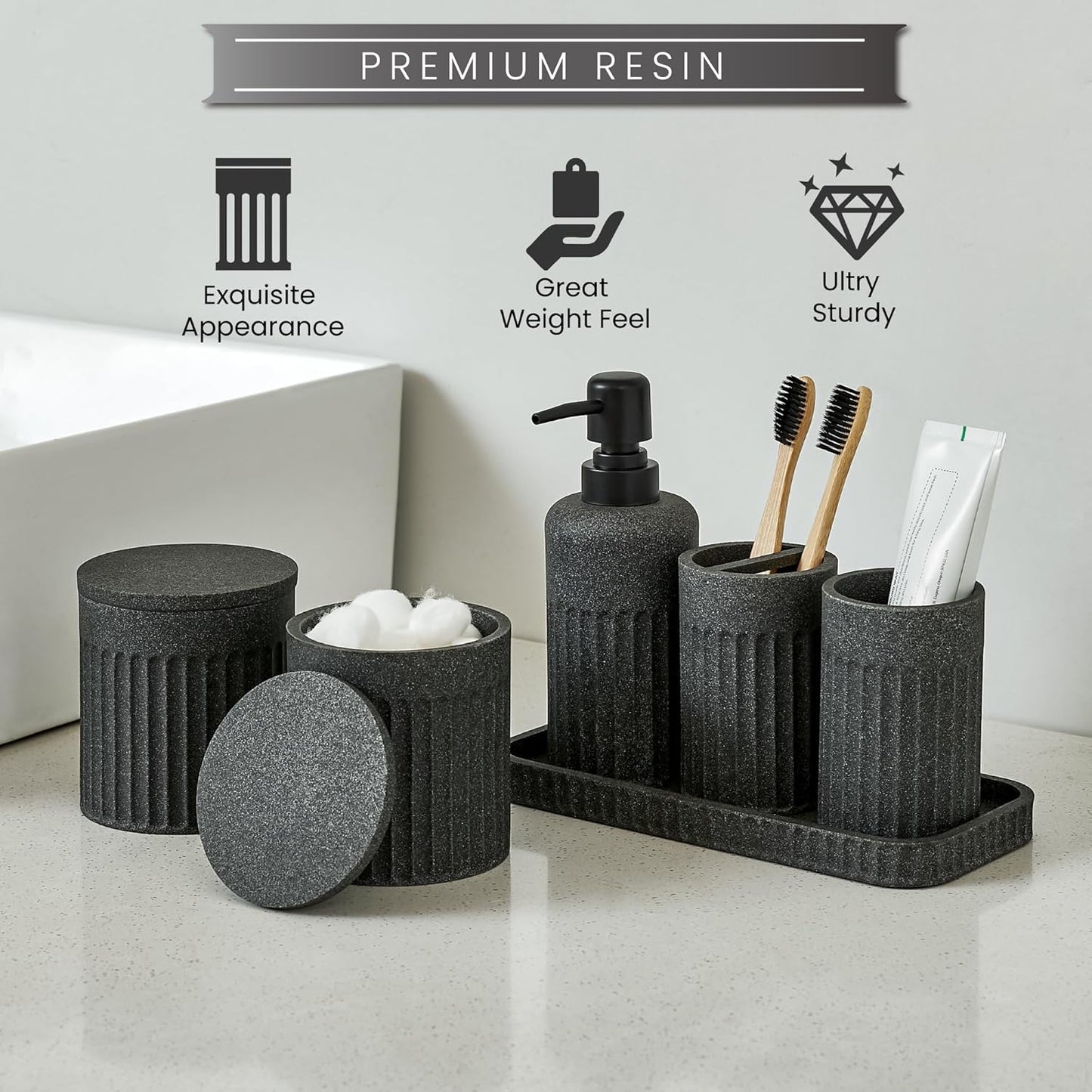 Bathroom Accessory Set - 6 Pieces Bathroom Accessories Set Complete with Soap Dispenser, Toothbrush Holder, Tumbler, Vanity Tray and 2 Qtip Holder for Home Organizer and Decor, Dark Grey