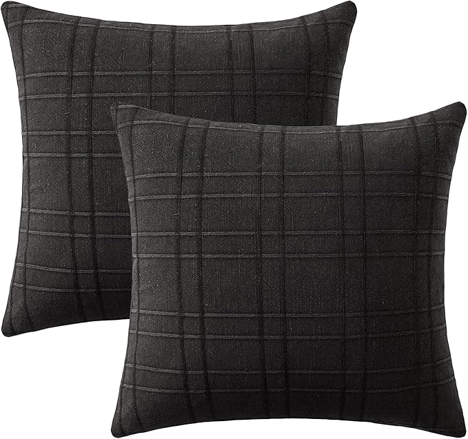 MIULEE Decorative Linen Check Throw Pillow Covers Neutral Farmhouse Vintage Pillow Covers 20x20 Set of 2 Boho Modern Home Decor for Sofa Couch Bedroom Cushion Black