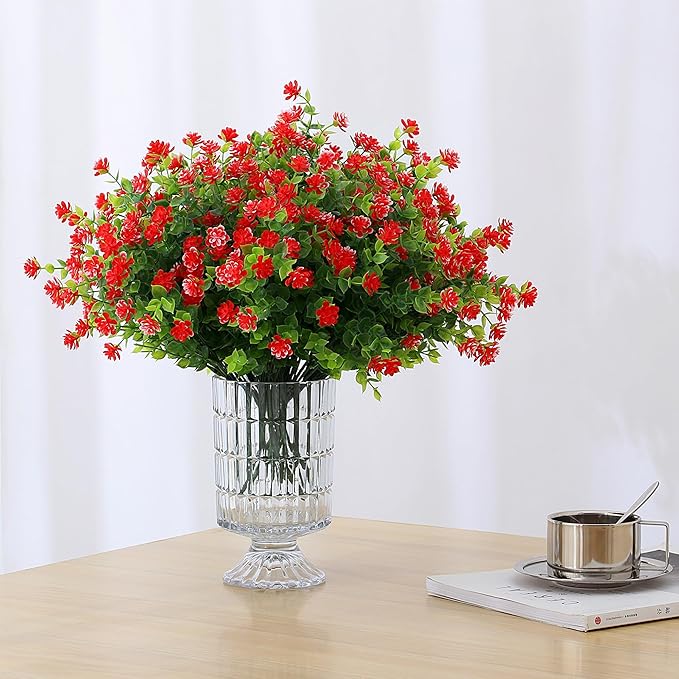 SITUMEIZI 8 Bundles Red Artificial Flowers Outdoor Fake Flower Plastic UV Resistant Shrubs Greenery Plants Hanging Decorations Garden Porch Window Box Farmhouse Outside Summer Indoor Decor