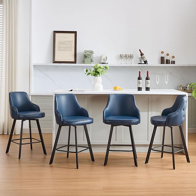 Bar Stools Set of 4, 26" Swivel Counter Height Bar stools with High Back, Faux Leather Kitchen Barstools Counter Height for Kitchen Island (Navy Blue, 4PCS 26" Counter Stools)