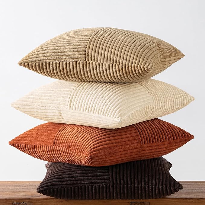 MIULEE Brown Beige Throw Pillow Covers 20x20 Inch Set of 4 Boho Farmhouse Cushion Cases for Livingroom Couch Bed Soft Corduroy Pillow Cases with Invisible Zipper Home Decor