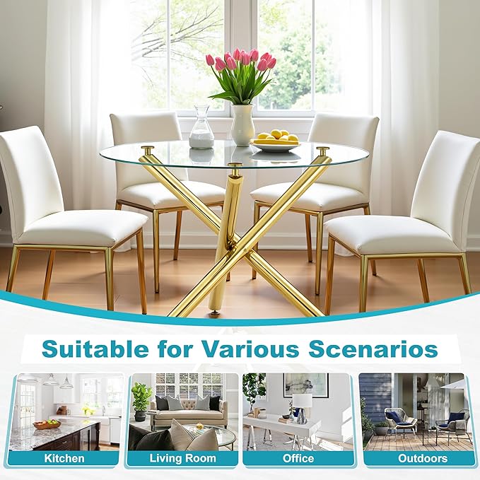 Kitchen Table Classic Dining Table for 4 Round Glass Dining Table 42" Kitchen & Dining Room Tables with Metal Legs and Glass Tabletop for Dining Room and Apartment, Gold
