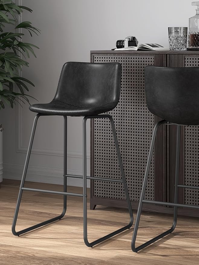 Bar Stools Set of 3, 26 Inches Counter Height Bar Stools with Back, Modern Faux Leather Barstools with Metal Legs and Footrest, Bar Chairs for Kitchens Island (Black)